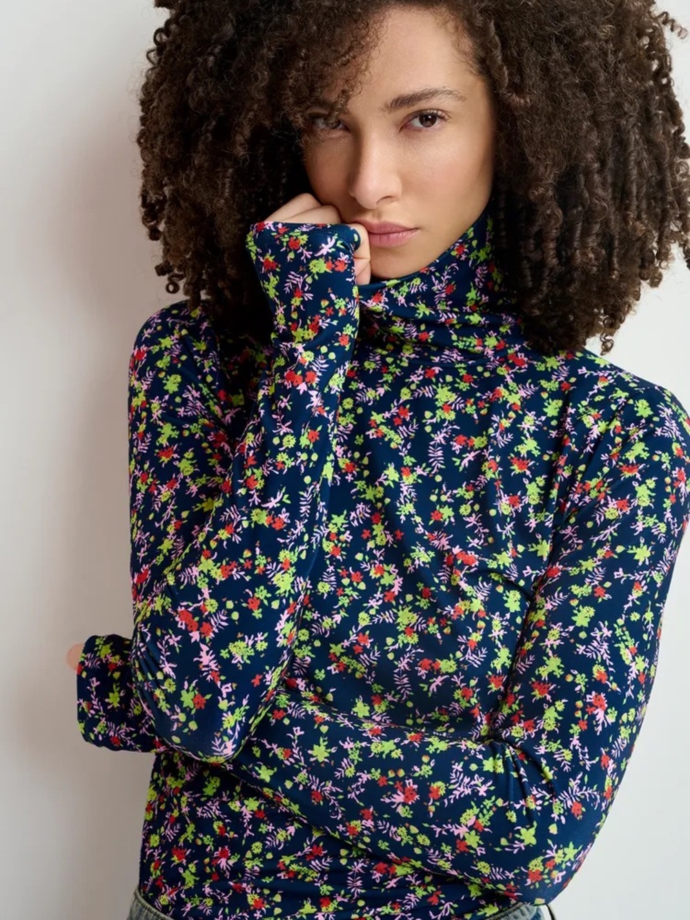 ESSENTIEL ANTWERP Dark blue floral print turtleneck top Size 1 SMALL